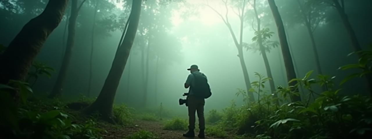 जंगली फोटोग्राफी उपकरण के साथ साहसिक वन्यजीव फोटोग्राफर